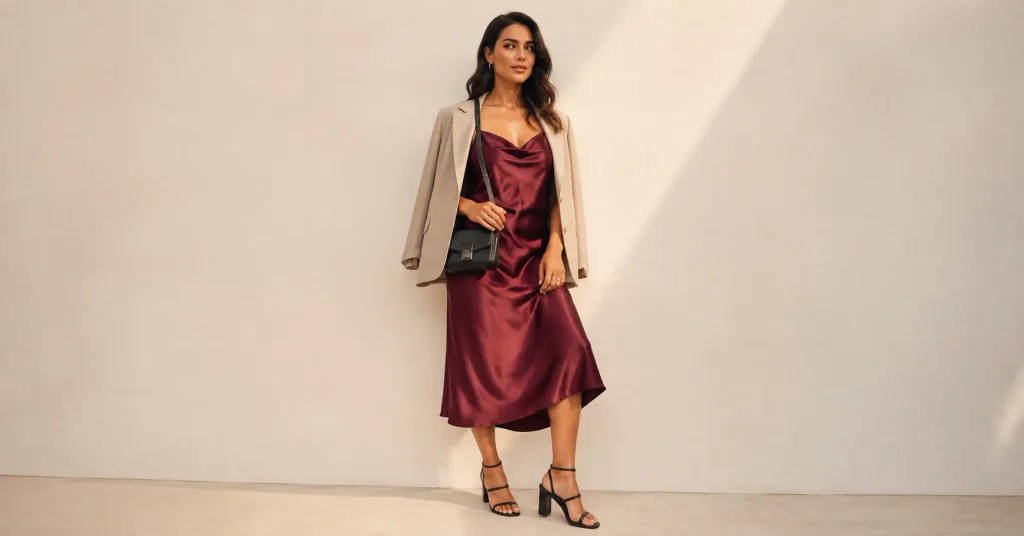 Romantic bachata concert outfit inspired by Romeo Santos Concert Outfit Ideas with a satin midi dress, jacket and block heels.