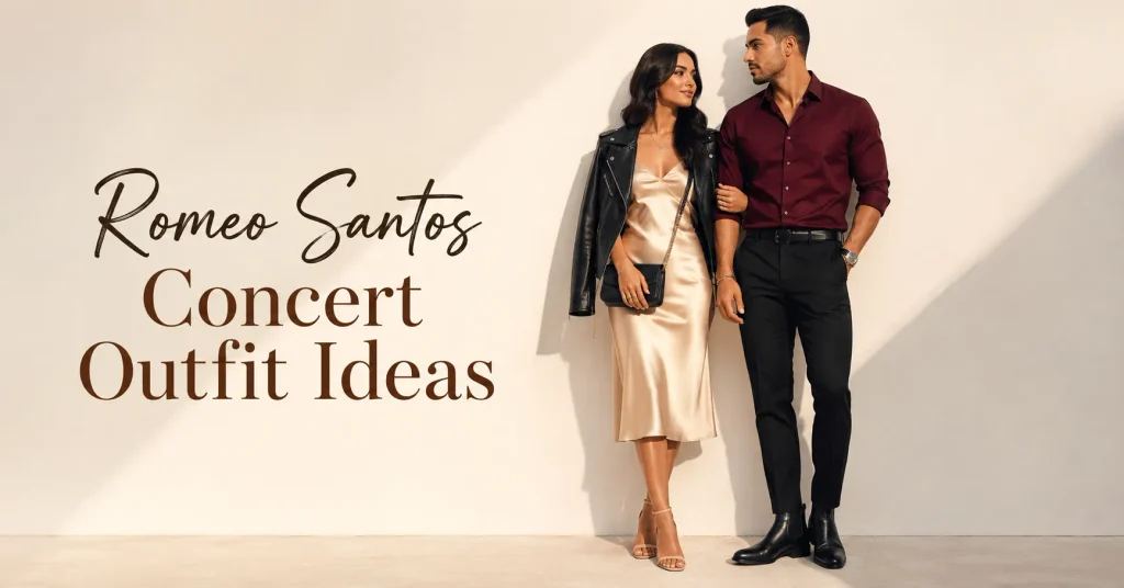 Romeo Santos Concert Outfit Ideas featuring stylish women’s and men’s bachata concert outfits with elegant dresses, tailored trousers, leather layers, and comfortable footwear.