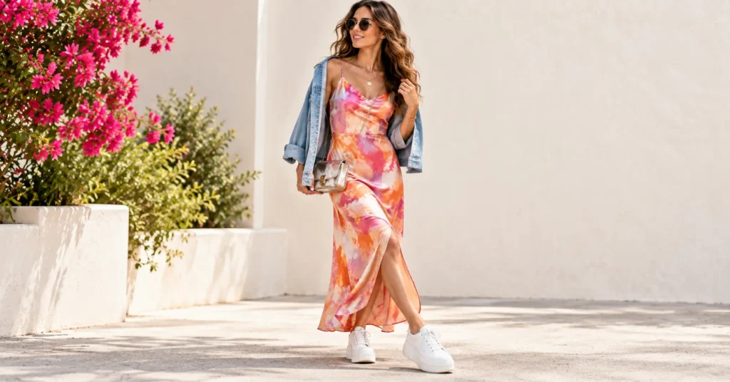 10 Summer Concert Outfit Ideas for Your Hottest Nights Out 4 Summer concert outfit ideas with a breezy satin slip dress, chunky sneakers, and denim jacket.