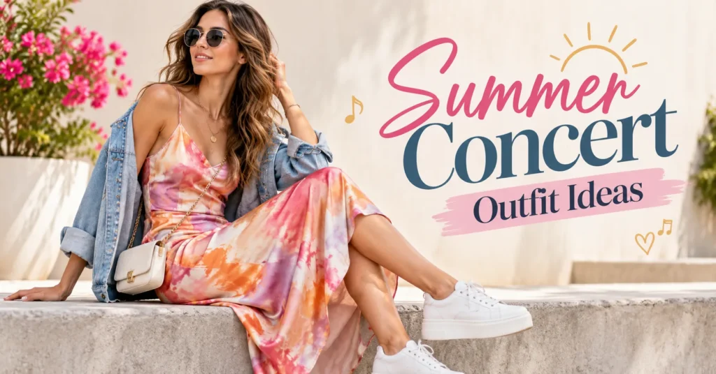 Summer concert outfit ideas featuring a stylish slip dress, sneakers, denim jacket, and crossbody bag.
