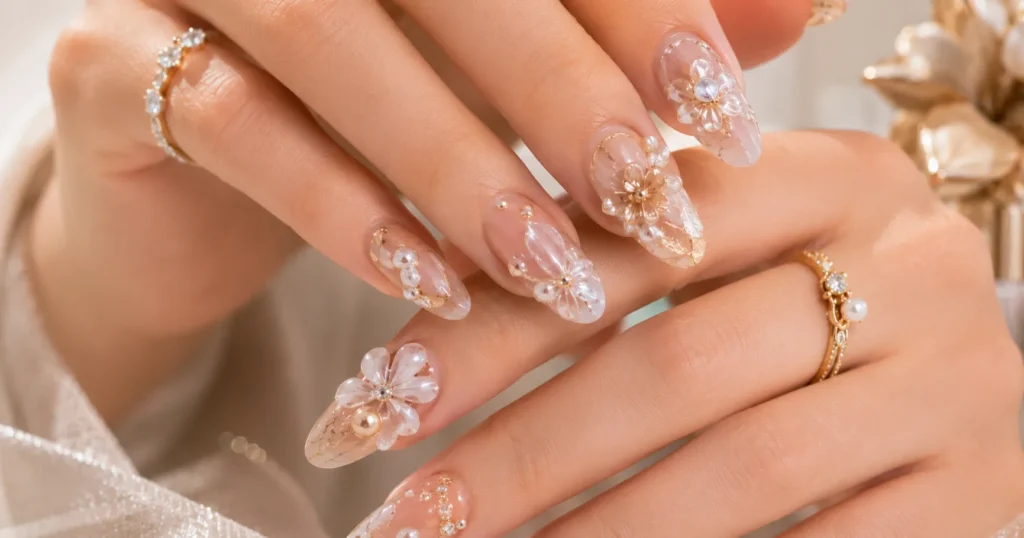 The Guide to Japanese Nails: Trends, Techniques, and Artistry 6 3D Japanese nails with sculpted gel art and elegant embellishments.