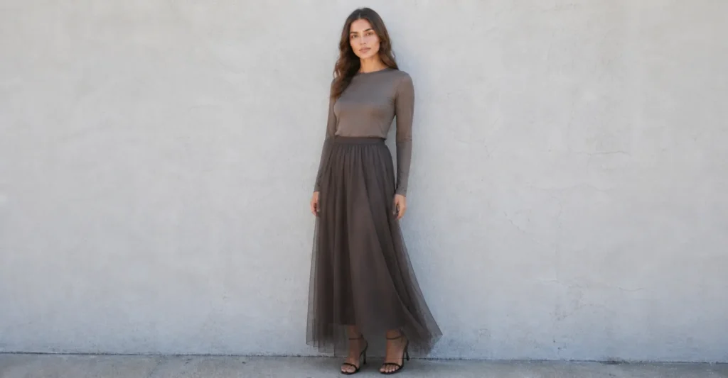 Sheer clothing trends featuring skirt with overlay and full coverage lining