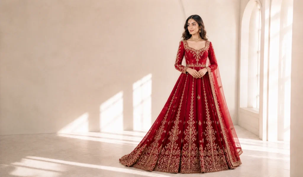 A-line red wedding frock with fitted bodice and flared bridal silhouette