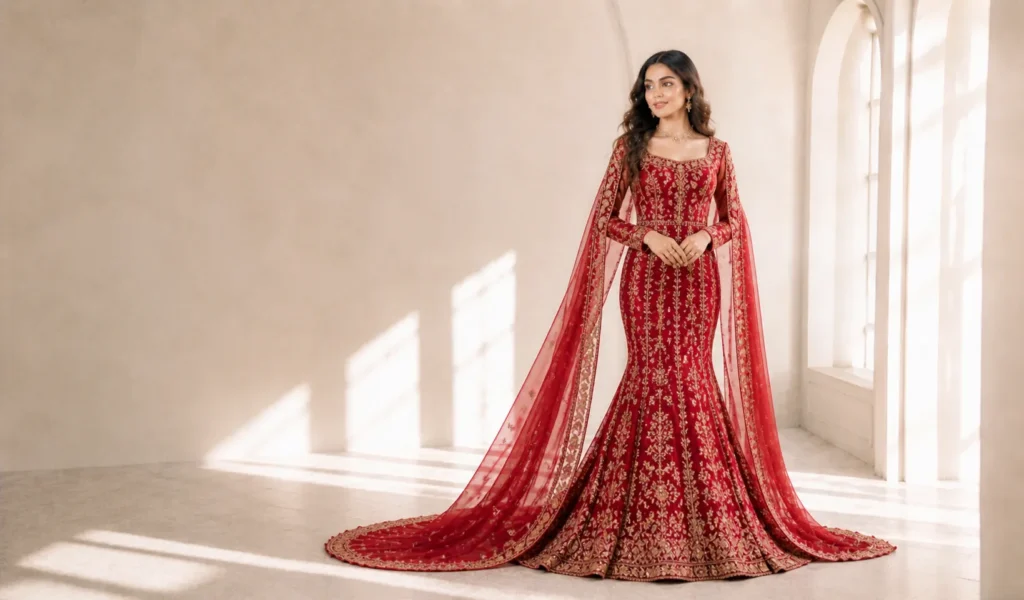 Fit and flare red wedding frock with modern bridal silhouette