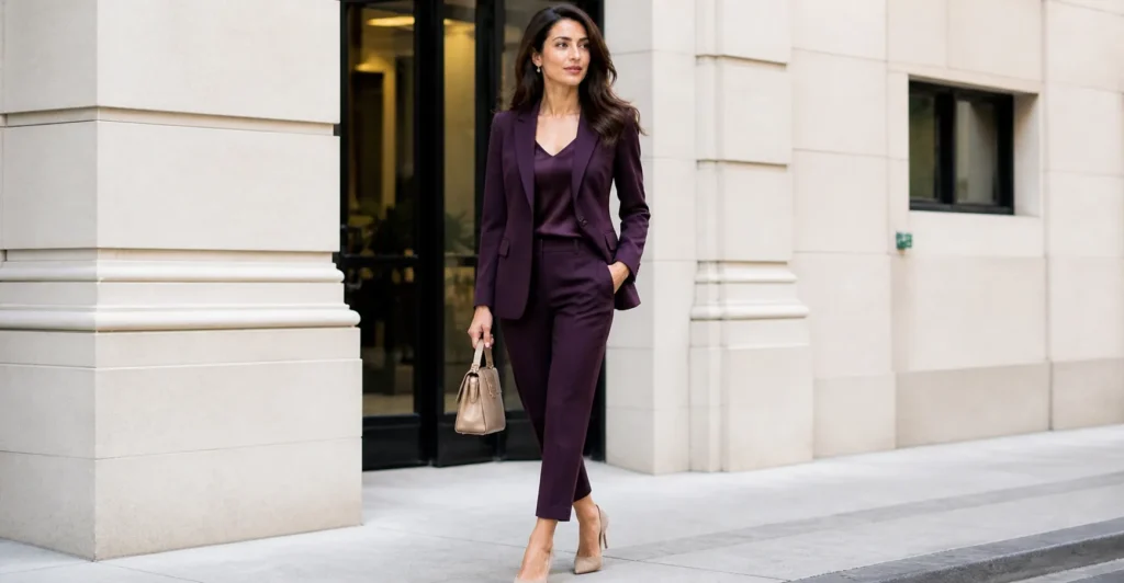Amal Clooney outfit ideas with modern tailored power suit in bold color