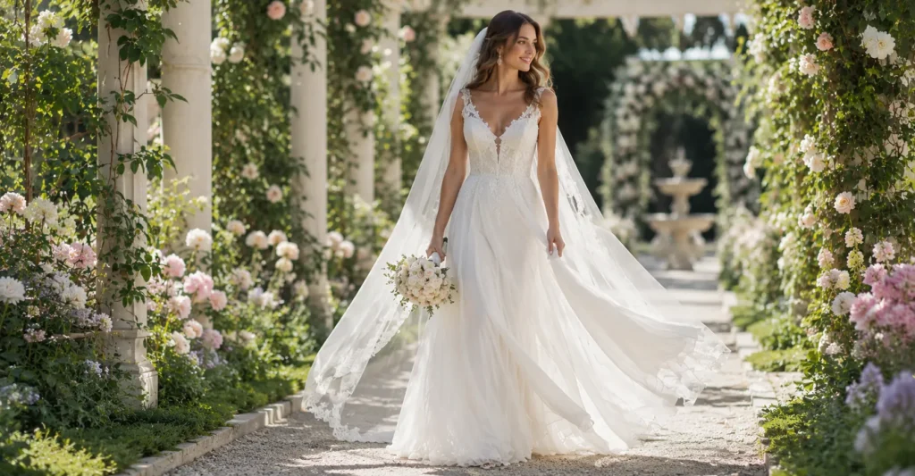 Elegant A-line gown from the dream wedding dresses and attire collection for romantic weddings.