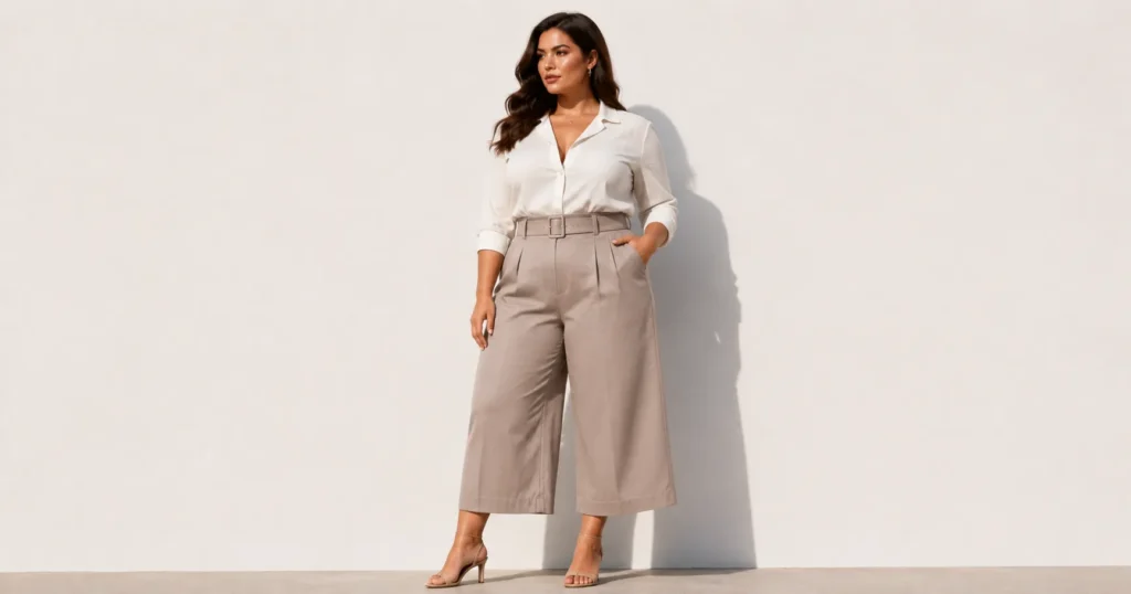 Culotte Pants Trends 2026: The Complete Style Guide 9 Curvy fashion styling for culotte pants trends 2026 with belted waist.