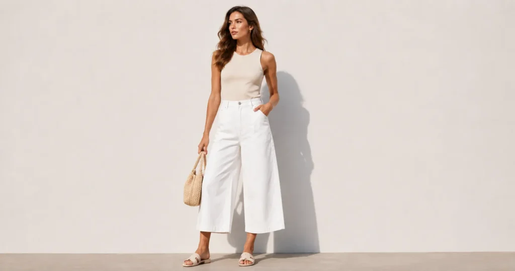 Culotte Pants Trends 2026: The Complete Style Guide 5 White denim culotte pants trends 2026 summer outfit inspiration.