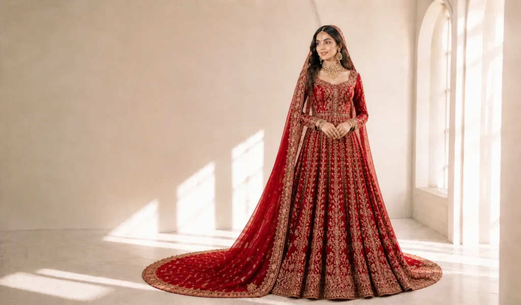 Red wedding frock styled with gold and polki bridal jewelry