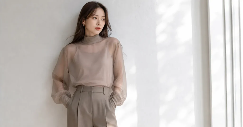 Sheer clothing trends with layered top and modest everyday outfit