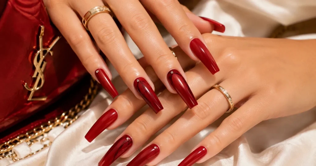 Bold coffin red nail designs with glamorous acrylic manicure style.