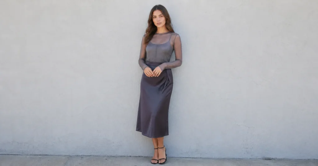 Sheer clothing trends with elegant layered evening outfit