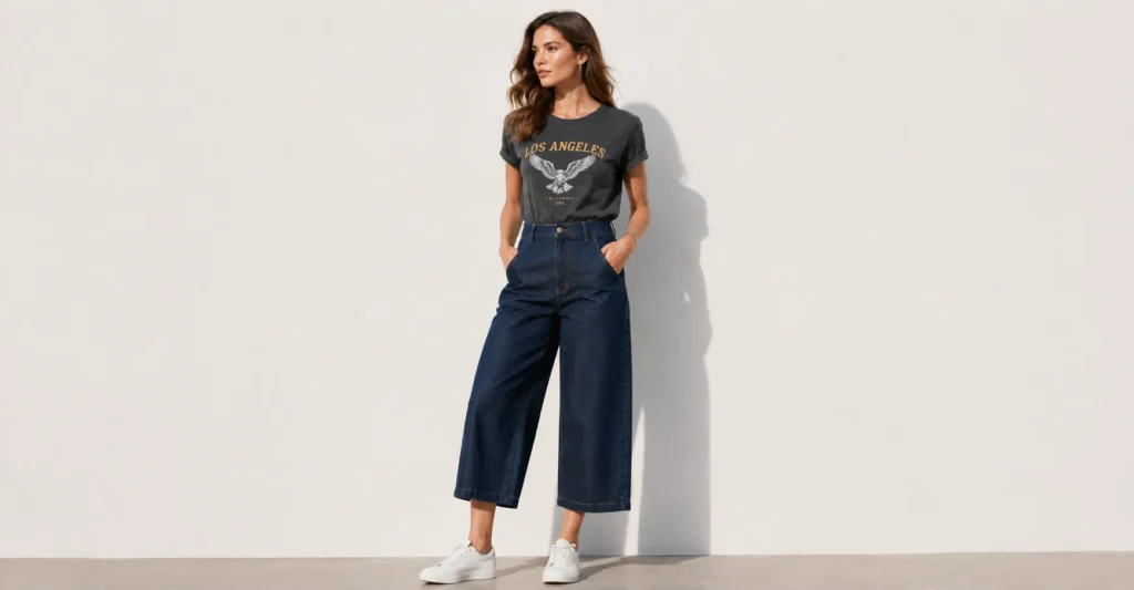 Culotte Pants Trends 2026: The Complete Style Guide 4 Casual denim culotte pants trends 2026 street style outfit with sneakers.