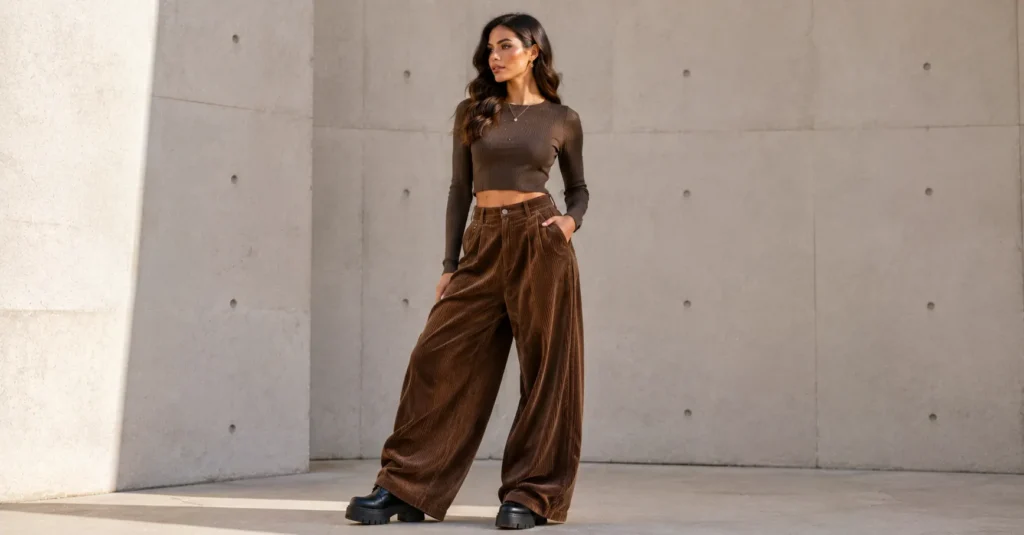 Wide-wale corduroy trousers for women with bold textured fashion styling.