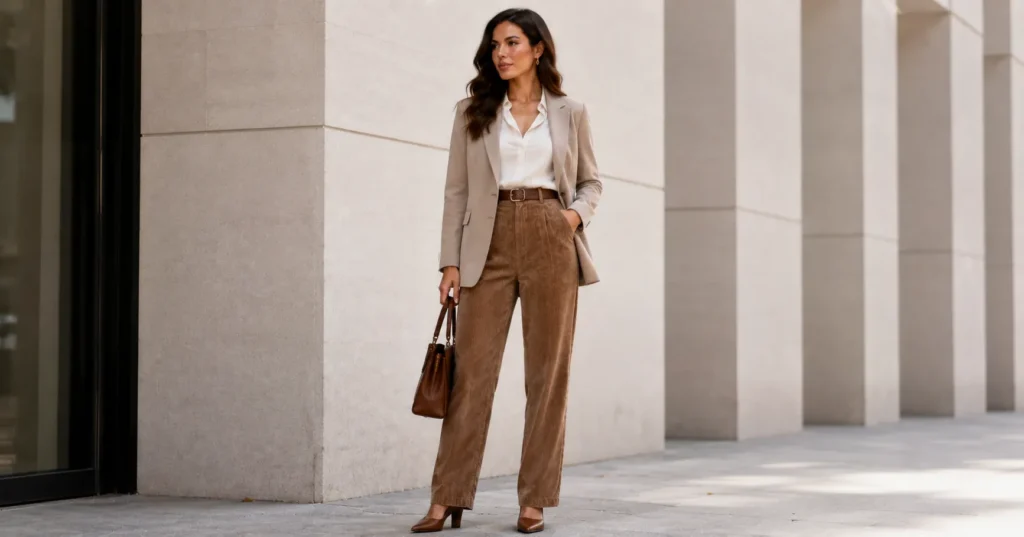 High-waisted corduroy trousers for women office outfit inspiration.