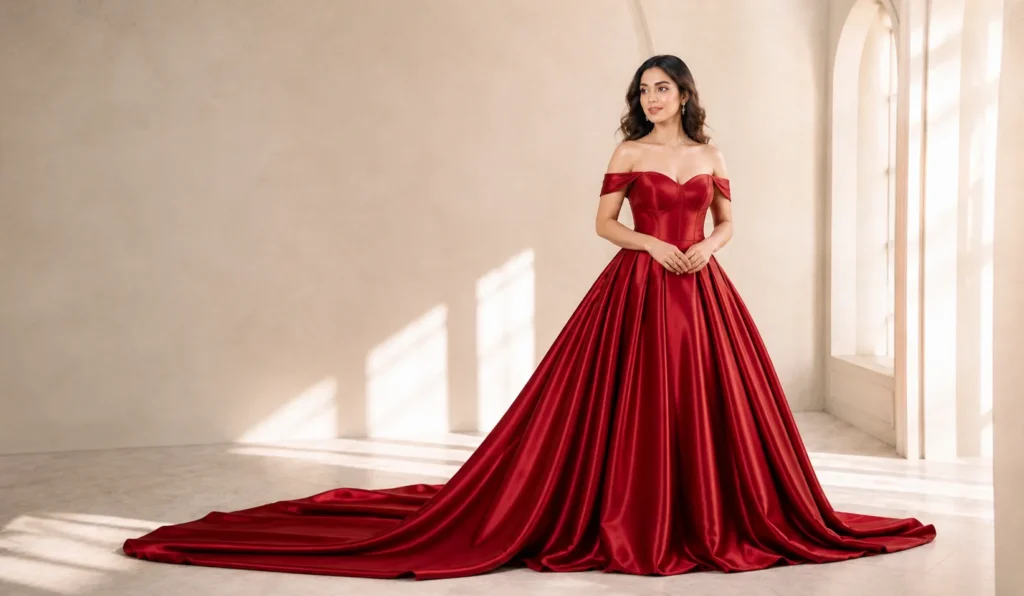 Silk satin red wedding frock with glossy finish and structured bridal design