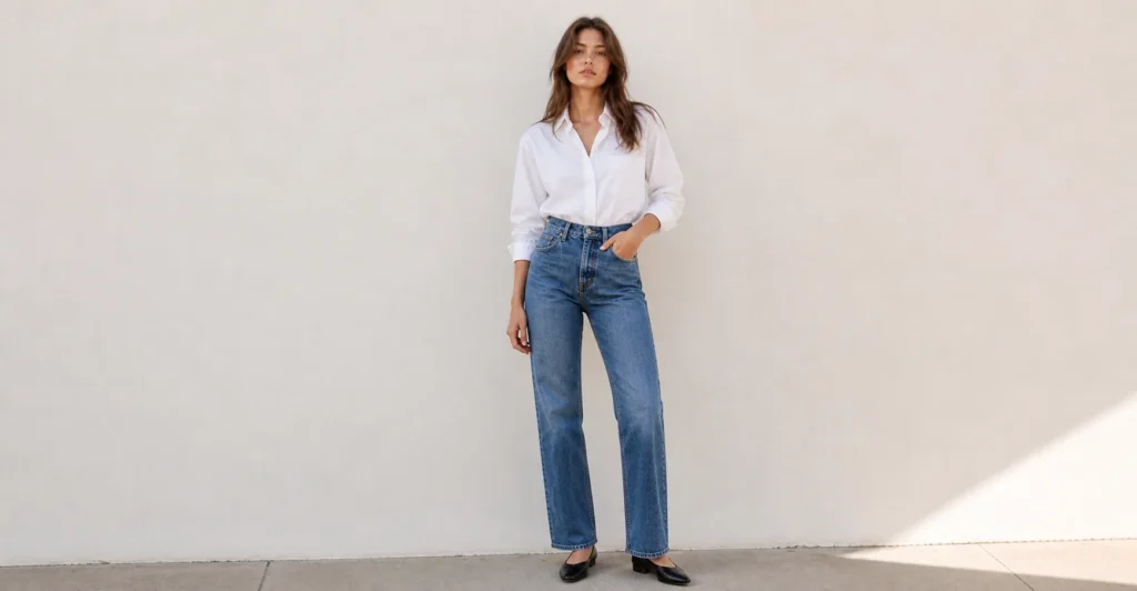 90s minimalist outfits 2026 straight-leg jeans paired with crisp white shirt