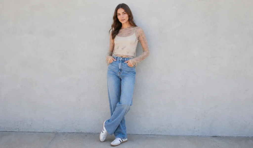 Sheer clothing trends with floral blouse and modest casual styling