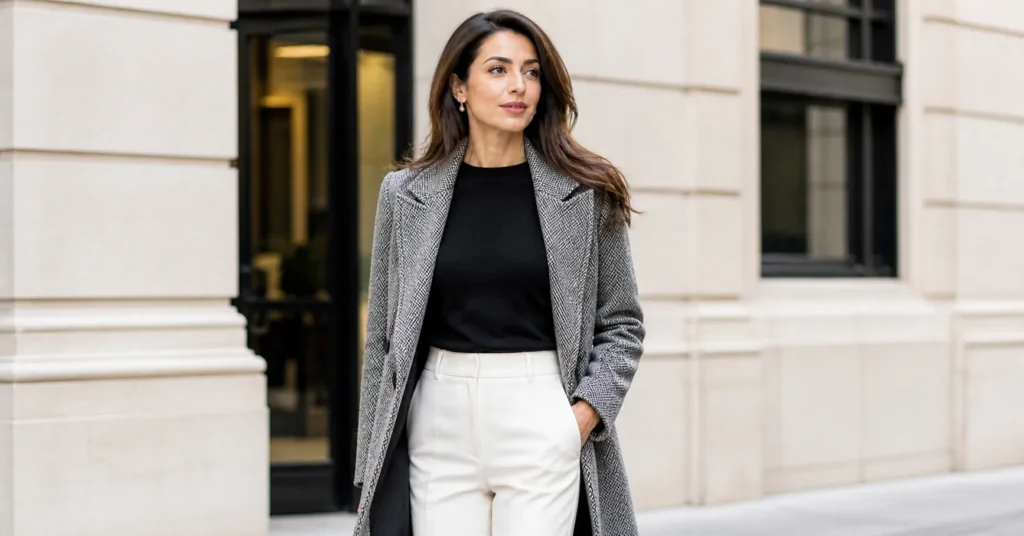 Amal Clooney outfit ideas with bold tailored power coat style