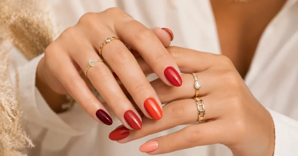 Gradient skittle red nail designs with multiple red shades manicure.