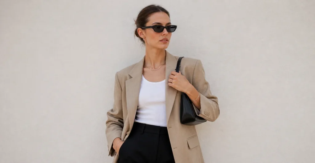 90s minimalist outfits 2026 accessories with baguette bag and delicate jewelry
