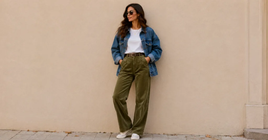 Casual corduroy trousers for women weekend outfit styling ideas.