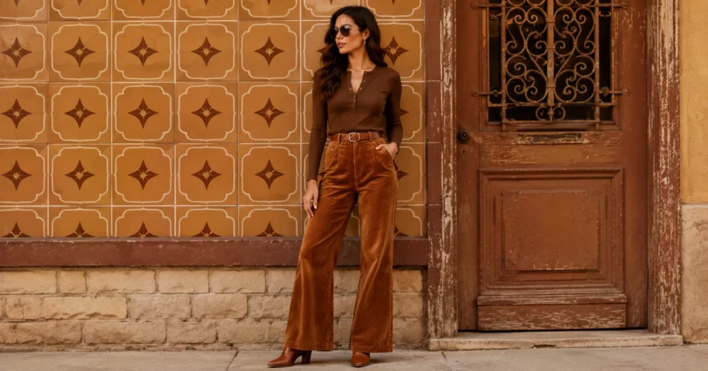 Flared corduroy trousers for women inspired by vintage 70s fashion.