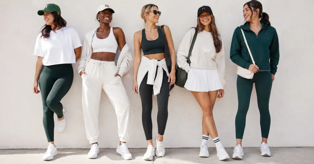 Sporty outfits for women featuring stylish athleisure looks with leggings, joggers, and sneakers.