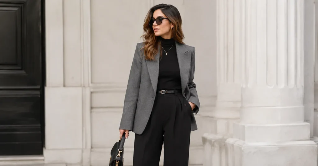 Gray and black outfit inspiration featuring tailored neutral fashion and modern minimalist styling.