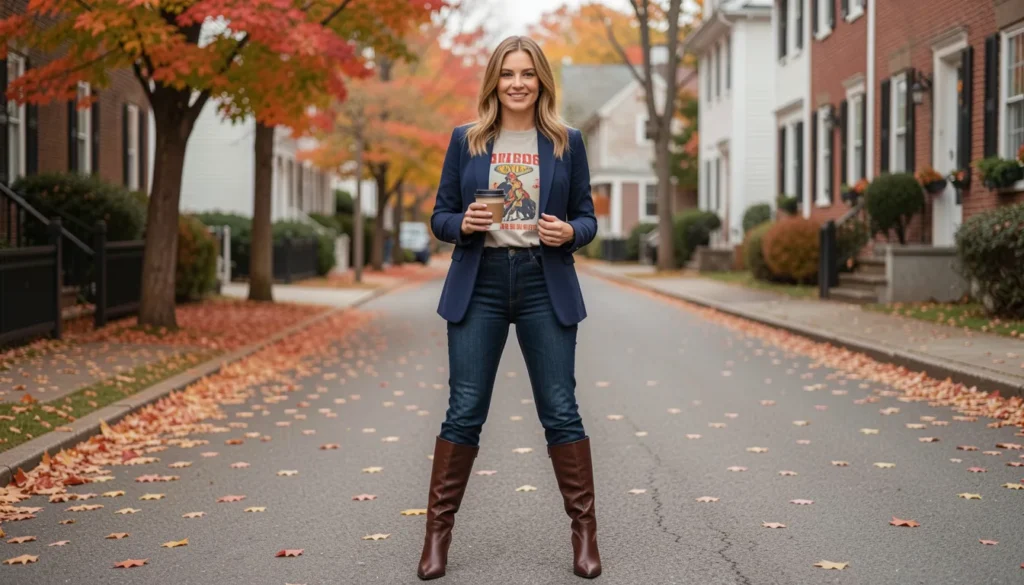 Lorelai Gilmore outfits ideas featuring a blazer, graphic tee, bootcut jeans, and knee-high boots in a stylish autumn-inspired look.