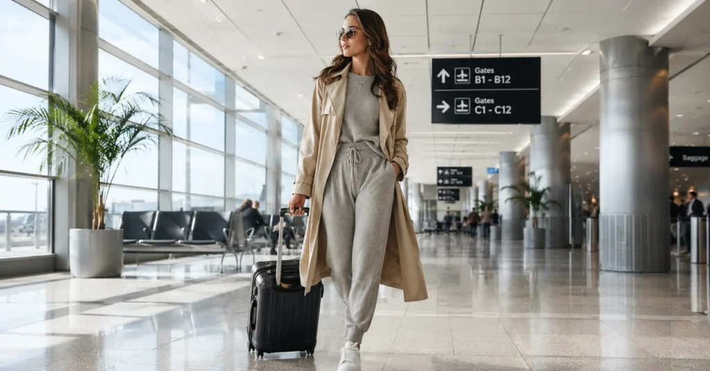 Plane outfits featuring a stylish and comfortable airport travel look with layered clothing and modern fashion essentials.
