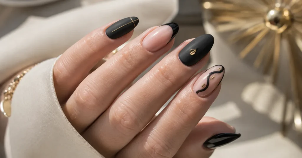 Black Nail Art Ideas featuring trendy matte, glossy, and minimalist black nail designs for 2026.