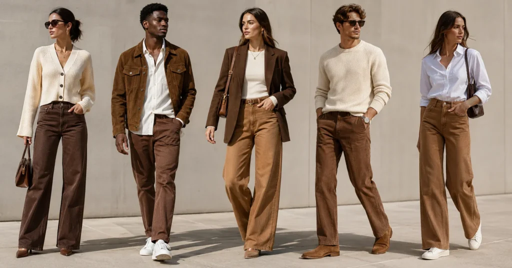 Brown jeans fashion trend featuring stylish chocolate brown and tan denim outfit ideas for 2026.