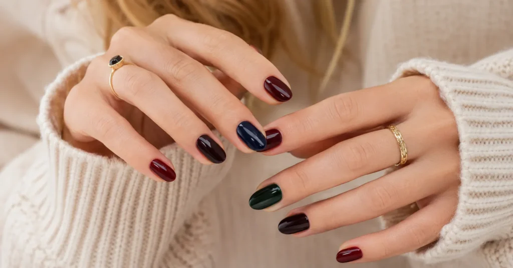 Dark winter nail colours featuring burgundy, navy, forest green, black cherry, and plum manicure shades.