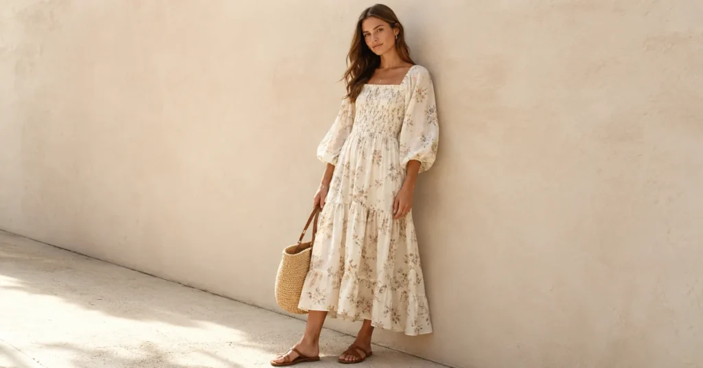Doen Dress Outfit Ideas: How to Style Them in 2026 2 Doen dress outfit ideas featuring a romantic prairie midi dress with sandals and a woven tote.