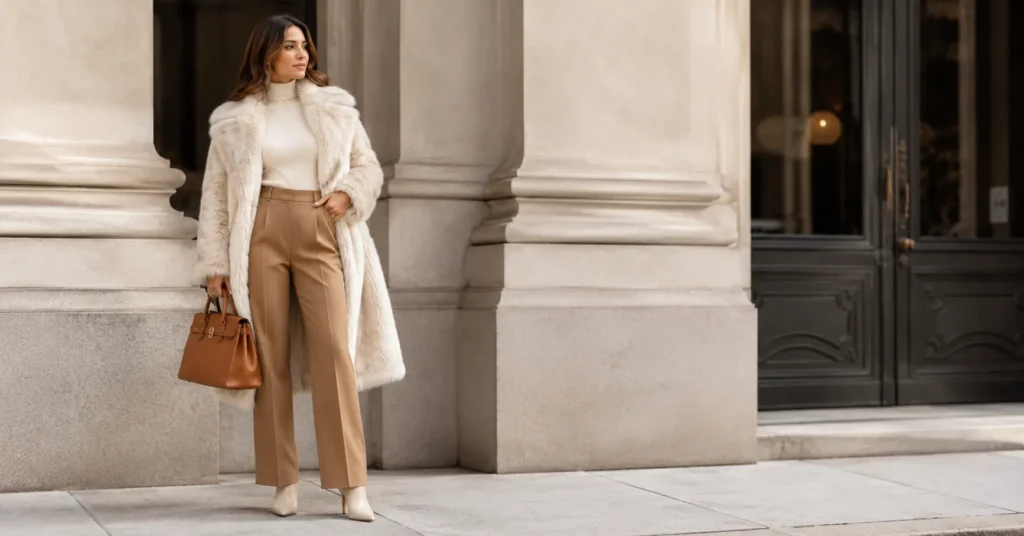 Faux fur coats outfit ideas featuring a cream faux fur coat with camel trousers and elegant winter styling.