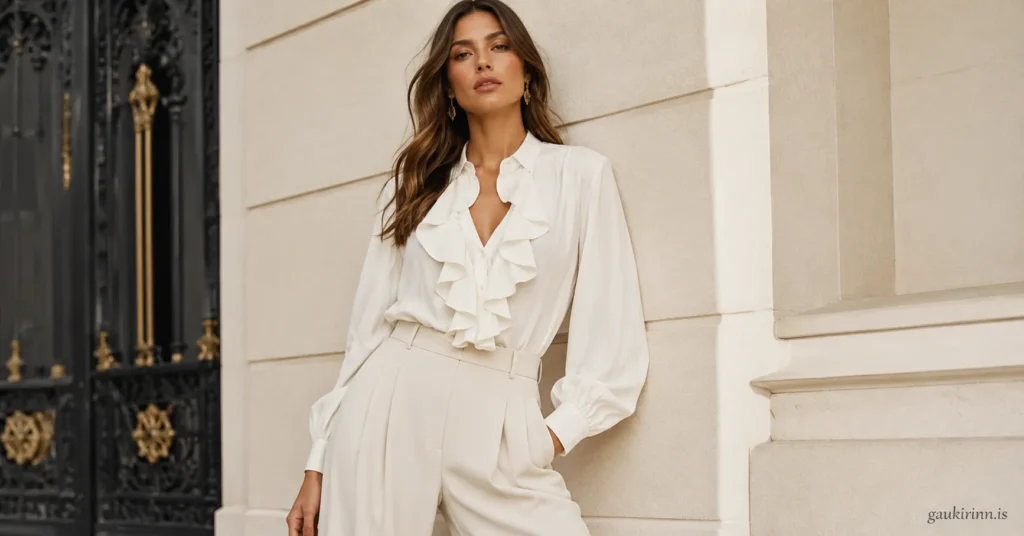 Ruffle Front Blouse Trend: How to Style It in 2026 2 Ruffle Front Blouse Trend 2026 featuring an elegant ivory ruffle front blouse styled with tailored wide-leg trousers.