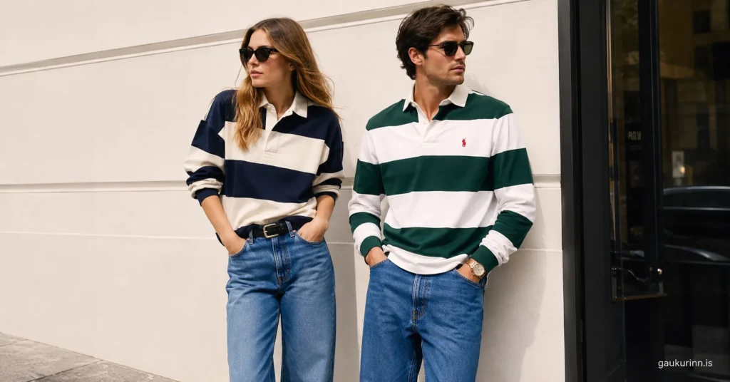 Rugby Shirts Jeans Trend: How to Style It in everytime 2 Rugby shirts jeans trend featuring stylish casual outfits with striped rugby shirts and modern denim jeans.