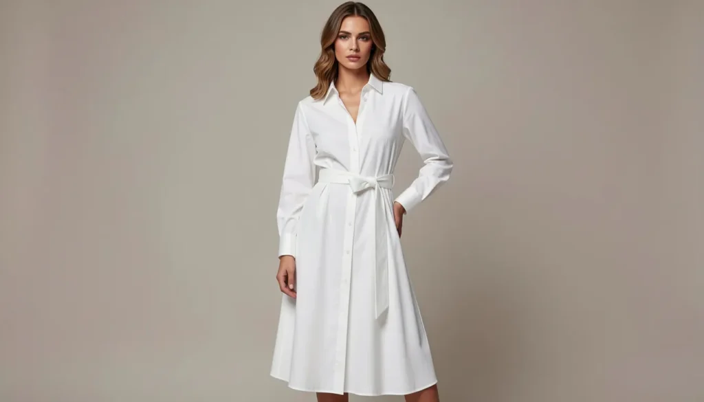 Shirt Dresses for Women: The Complete Style Guide 2 Shirt dresses for women featuring a stylish belted white midi shirt dress.
