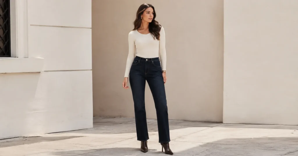 Stovepipe Jeans Outfit Ideas: How to Style Them in this year 2 Stovepipe jeans outfit ideas featuring dark wash high-waisted stovepipe jeans styled with a fitted knit top and ankle boots.