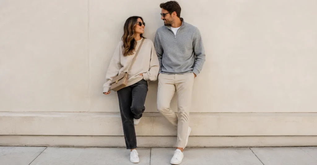 Trendy Sweatshirts Outfit Ideas: How to Style Them in this year 2 Trendy sweatshirts outfit ideas featuring oversized crewneck and half-zip sweatshirts styled with jeans and clean sneakers.