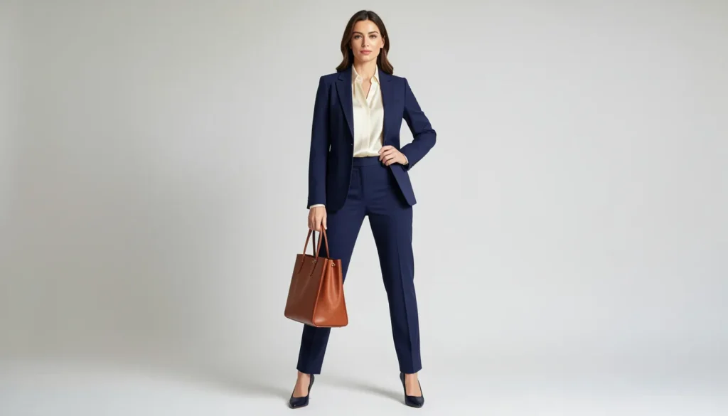 Business attire for women featuring a navy pantsuit, ivory blouse, closed-toe pumps, and structured tote bag.