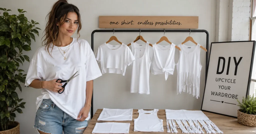 Cutting Shirts: The Guide to DIY Shirt Cutting Styles, Tips and Designs 2 Cutting shirts tutorial showing DIY shirt cutting styles and creative t-shirt upcycling ideas.