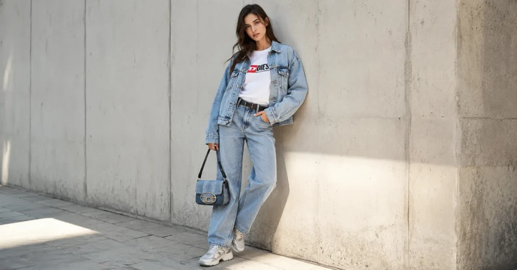 Diesel Outfit Ideas: How to Style Denim and Streetwear With Confidence 2 Diesel outfit ideas featuring denim streetwear styling with jeans, jacket, sneakers, and logo tee.