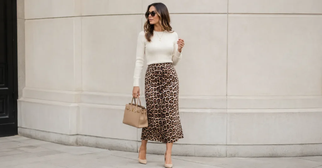 Leopard Print Outfit Ideas: How to Wear This Timeless Statement With Confidence 2 Leopard print outfit featuring a stylish leopard print skirt with a cream sweater and neutral accessories.