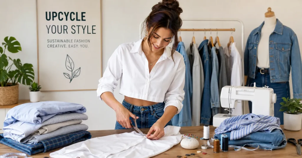 Upcycle Shirt Projects: The Complete Guide to Refashioning Old Shirts Into Something New 2 Upcycle shirt project featuring a refashioned white shirt and DIY sewing tools on a bright craft table.