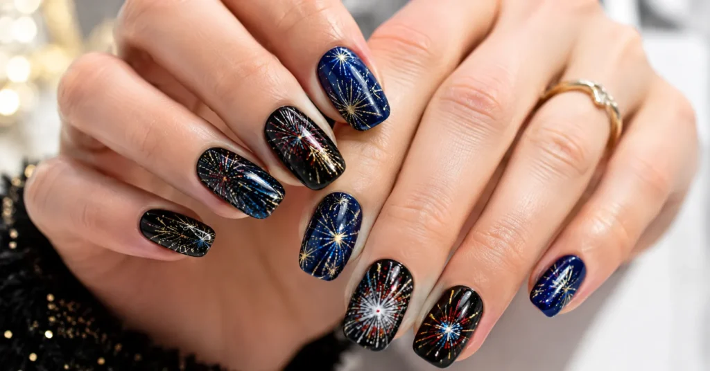 Firework nails with colorful glitter burst designs on glossy dark polish for a festive manicure.