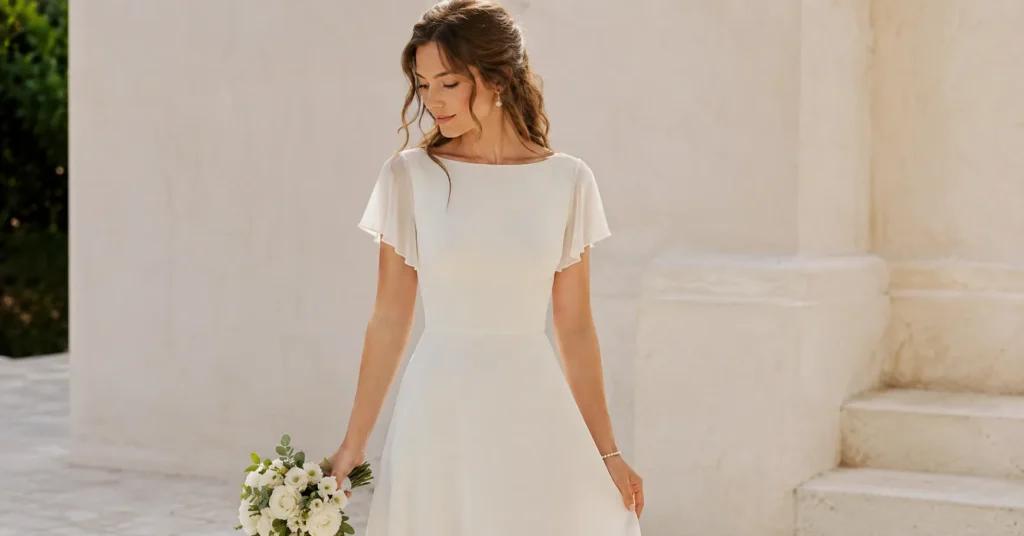 Elopement Dress Ideas: How to Find the Perfect Look for Your Intimate Wedding 2 Elopement dress ideas featuring a simple ivory A-line bridal dress for an intimate wedding.