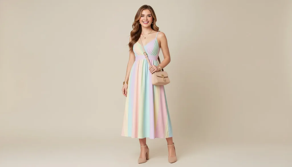 Grad Party Outfit Ideas: Stylish Looks for Every Graduation Celebration 2 Grad party outfit ideas featuring a pastel midi dress, block heels, gold jewelry, and a polished celebration look.