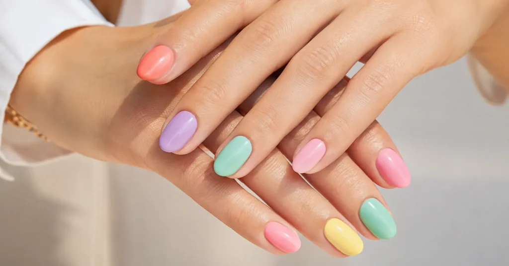 Multicolored manis are palette perfection with colorful coordinated nail shades in a stylish editorial manicure.